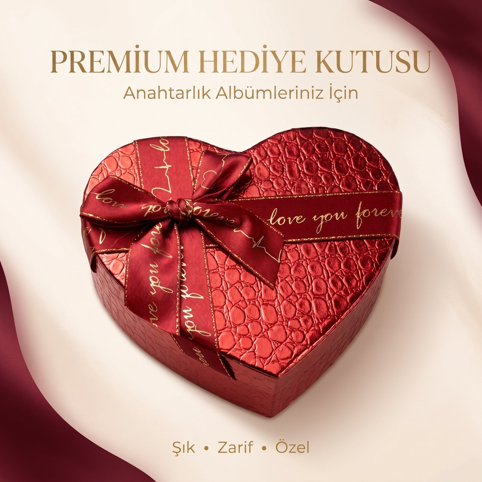 Kırmızı Kalp Şekilli Premium Hediye Kutusu – Dokulu, Şık Tasarım (Anahtarlık Albüm Paketleri için!)