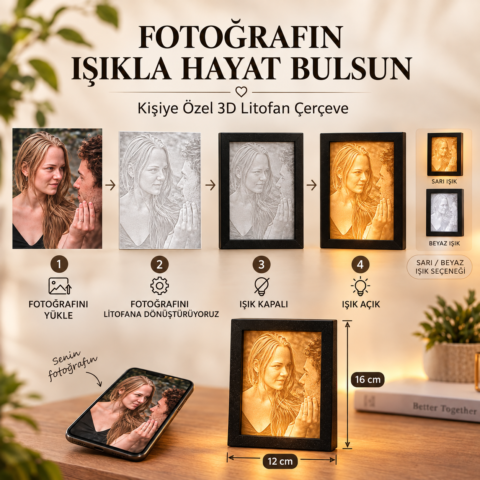 Kişiye özel 3D litofan çerçeve ışık kapalı ve sarı LED ışık açık görünüm