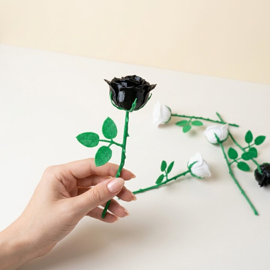 Siyah 3D baskı saplı gül ve güller